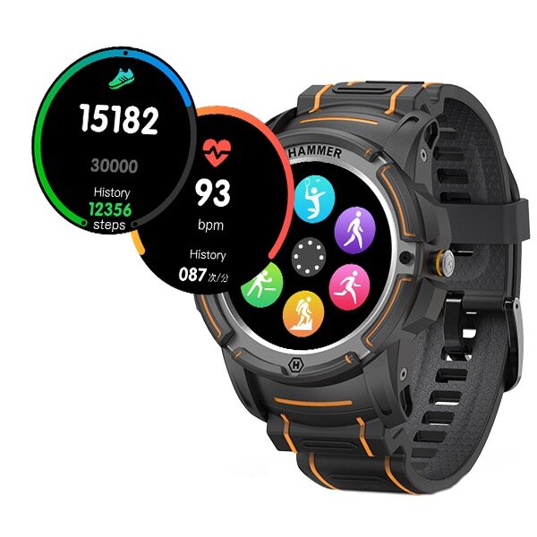 Smartwatch HAMMER Watch czarno-pomarańczowy widok na tarczę zegarka podczas pomiaru tętna i dystansu