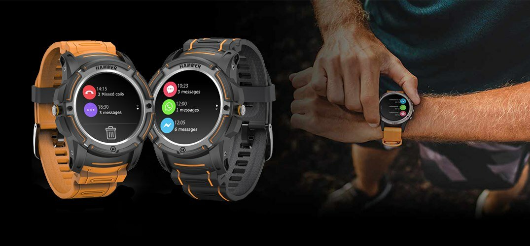 Smartwatch HAMMER Watch czarno-pomarańczowy widok na dwie dostępne wersje kolorystyczne