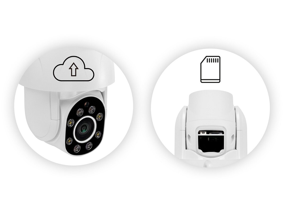 Kamera Overmax Camspot 4.9 Wi-Fi informacja o możliwości zapisu na karcie i w chmurze i widok dwóch kamer