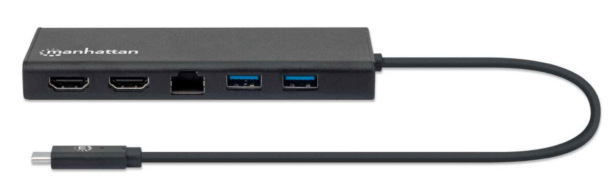 HUB Manhattan USB-C Adapter HDMI, USB-A, RJ45 front widok na wszystkie porty 