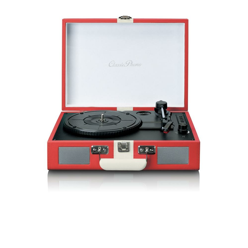 Gramofon Lenco Classic Phono TT-110RDWH czerwony widok na przód otwartego gramofonu