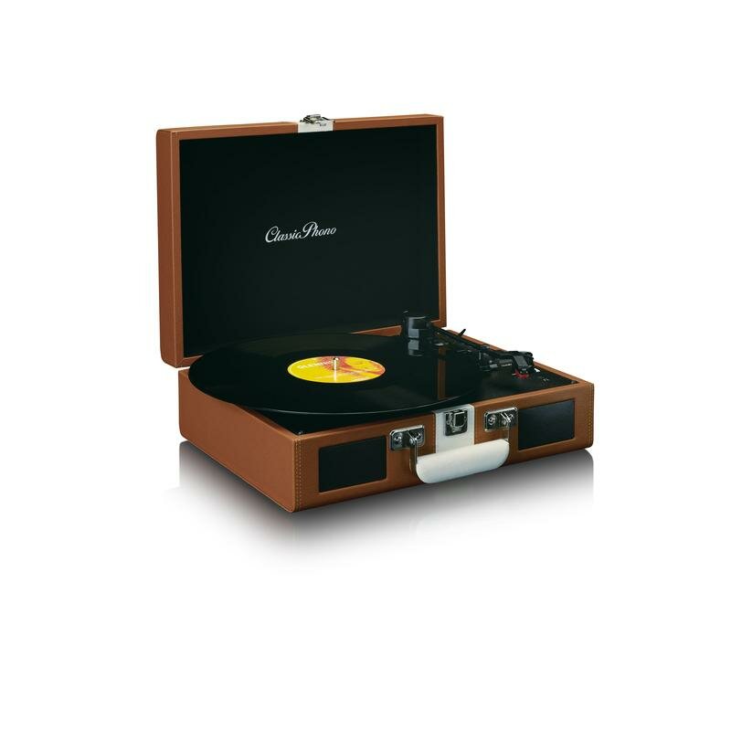 Gramofon Lenco Classic Phono TT-120 BNWH BT brązowy widok pod kątem na otwarty gramofon