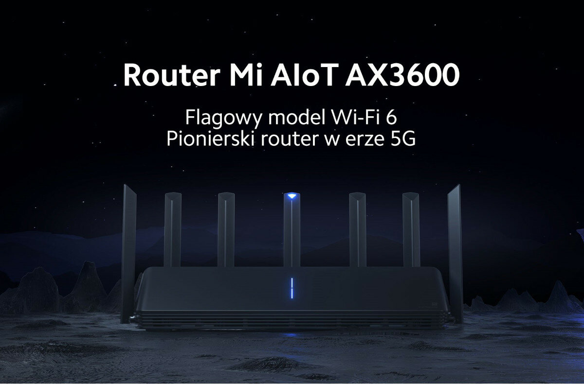 Router bezprzewodowy Xiaomi Mi Router AX3600 widok na front na kosmicznym tle z opisem