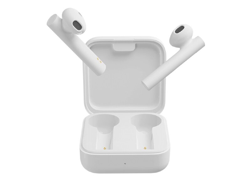 Słuchawki bezprzewodowe Xiaomi Mi True Wireless Earphones 2 Basic dwie słuchawki od boku i otwarte opakowanie