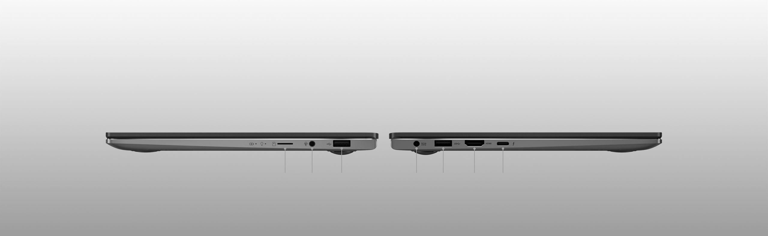 Laptop ASUS VivoBook S13 S333EA-EG018 czarny widok na dostępne po obu stronach laptopa porty