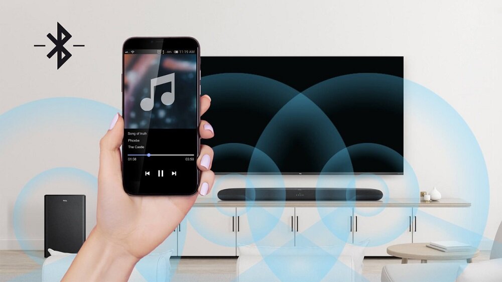 Soundbar TCL TS6110 widok na soundbar od przodu w czasie przesyłania muzyki przez Bluetooth z telefonu