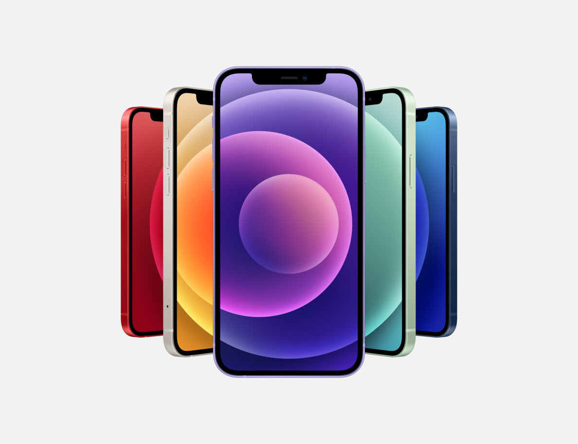 Smartfon Apple iPhone 12 mini MJQF3PM/A widok na ekrany pod różnym kątem w dostępnych wersjach kolorystycznych