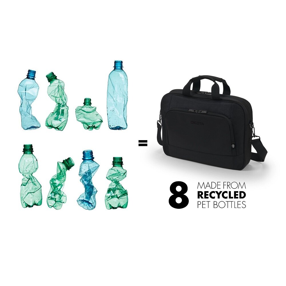 Torba na laptopa Dicota Eco Top Traveller Base 13-14.1' grafika przedstawia torbę pod skosem oraz ilość butelek wykorzystaną do wykonania torby