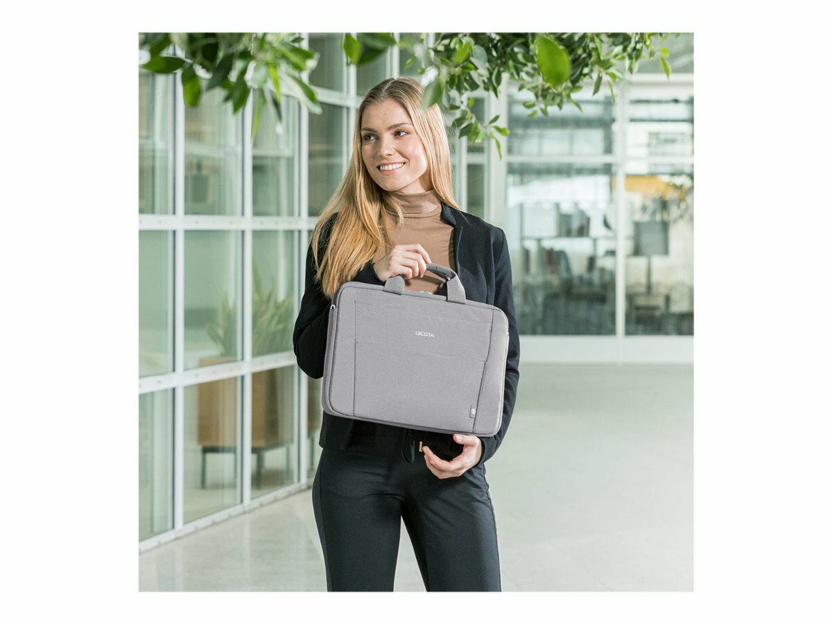 Torba do laptopa Dicota Eco Slim Case Base 13-14.1 Szara D31305-RPET kobieta z torbą od frontu