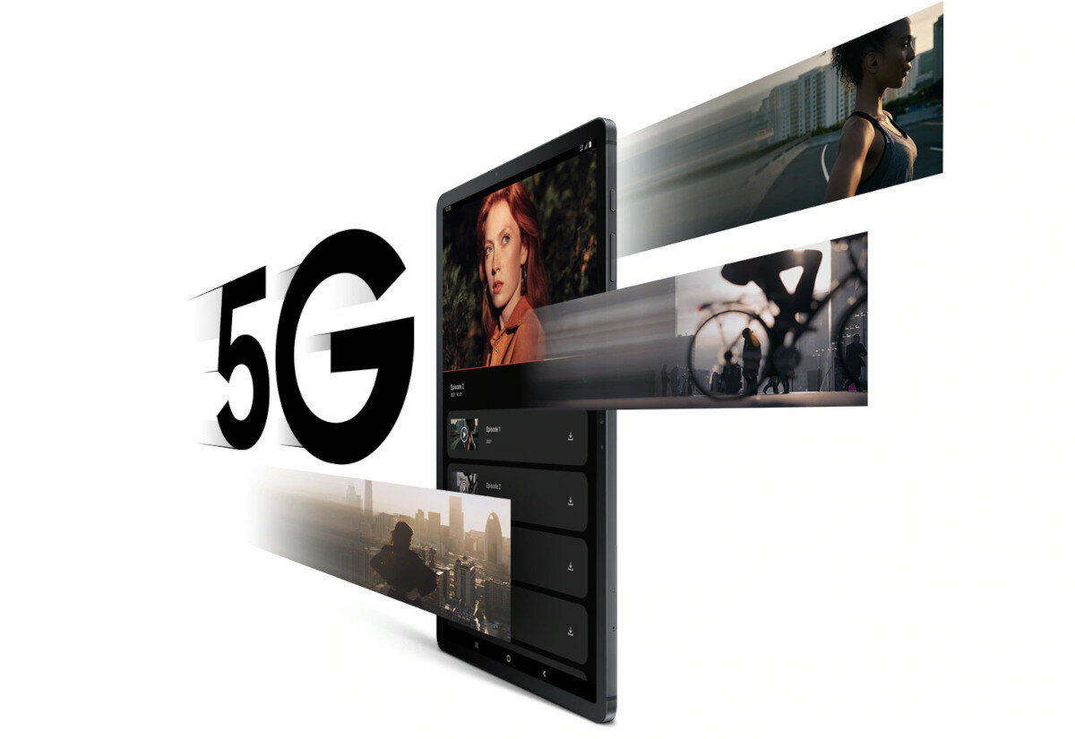 Tablet Samsung Galaxy Tab S7 FE 5G SM-T736BZSEEUE widok na tablet od prawego boku pionowo, napis 5G i różne sceny filmowe