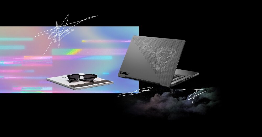 Laptop Asus ROG Zephyrus G14 GA401 GA401QM-HZ027T widok na klapę laptopa pod skosem z wyświetlonym wirtualnym zwierzakiem