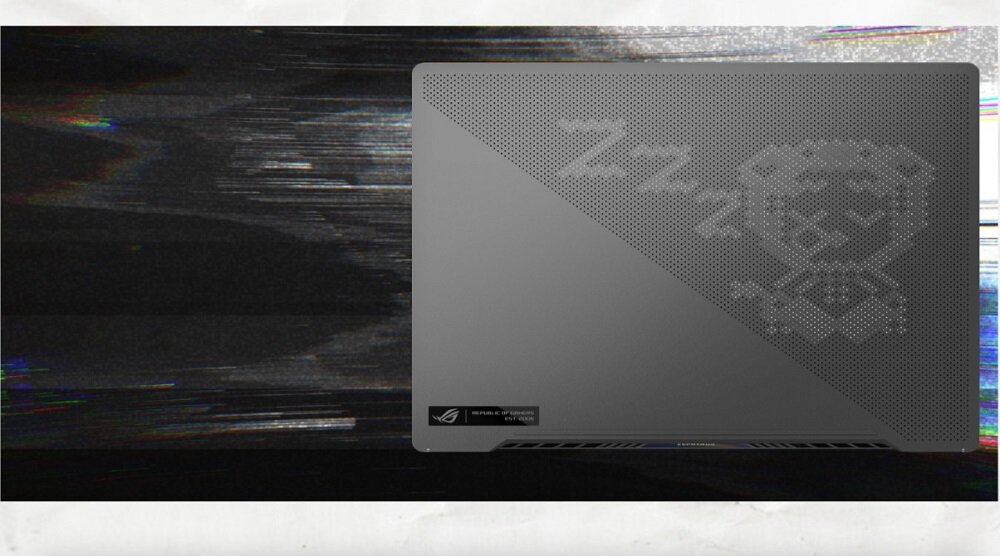 Laptop Asus ROG Zephyrus G14 GA401 GA401QM-HZ027T widok na klapę laptopa od frontu z wyświetlonym wirtualnym zwierzakiem