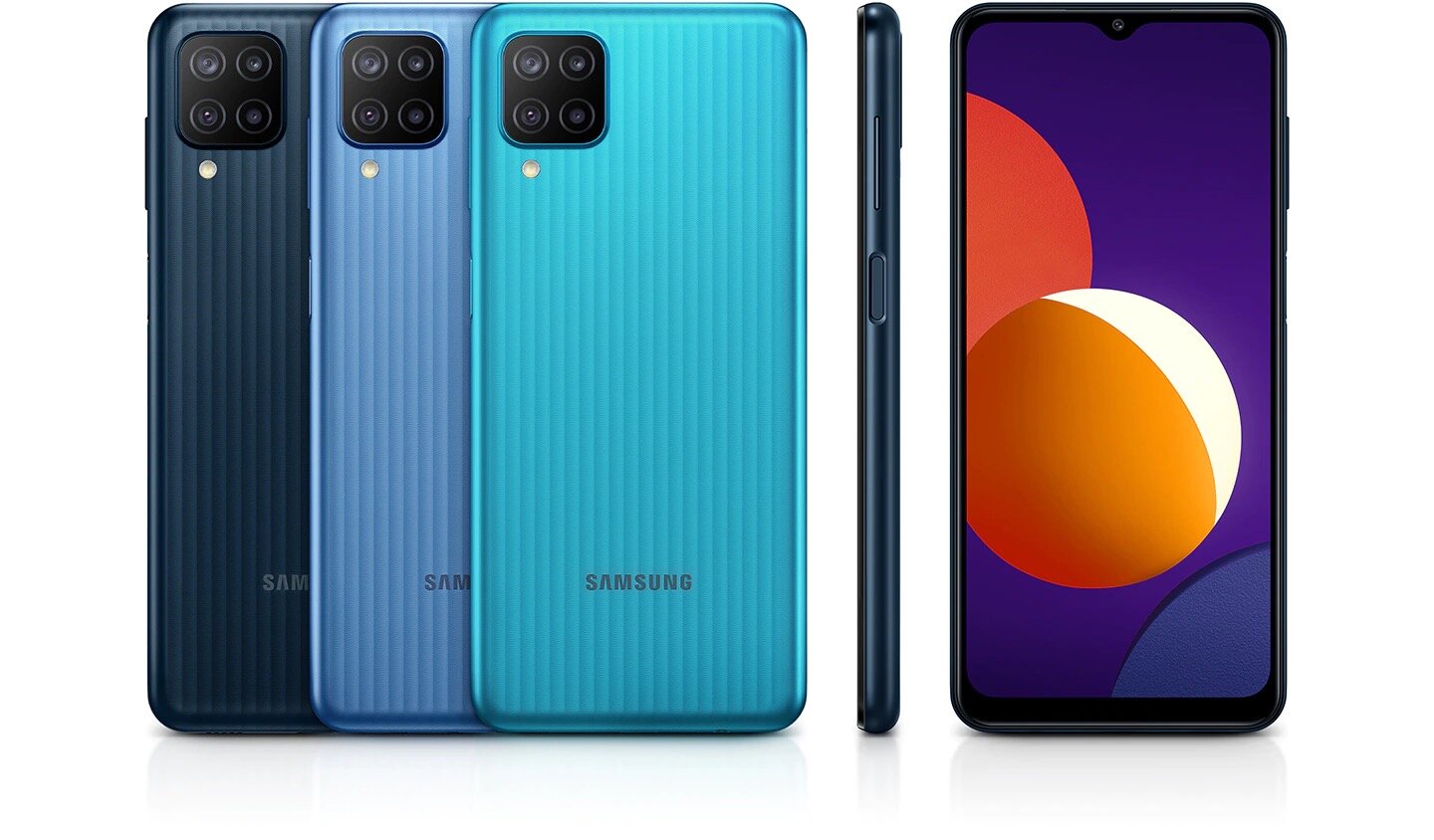 Smartfon Samsung Galaxy M12 SM-M127FLBVEUE niebieski widok od przodu na plecki telefonu