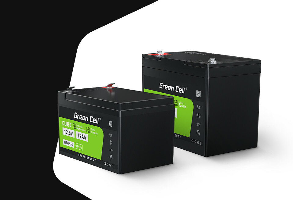 Akumulator Green Cell LiFePO4 zdjęcie dwóch akumulatorów pod skosem