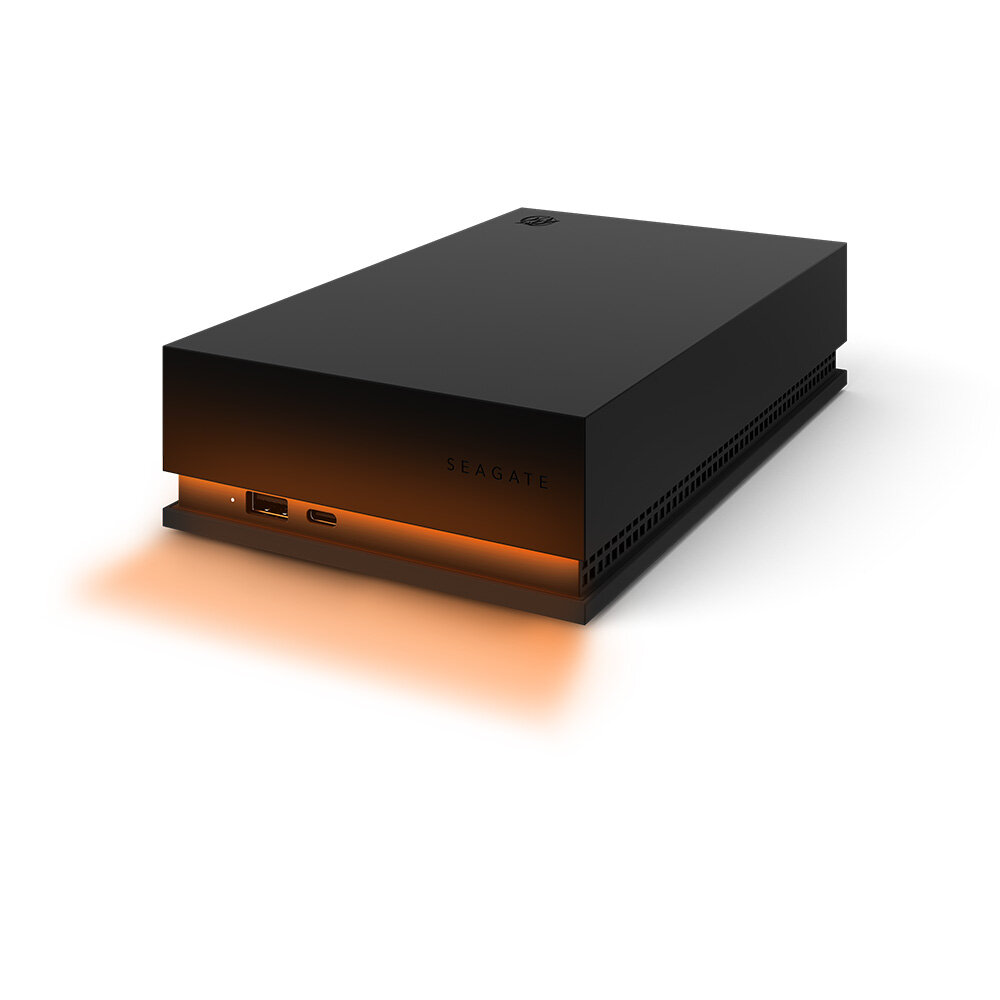 Dysk Seagate FireCuda Gaming HUB 8TB STKK8000400 stojący płasko, z włączonym podświetleniem RGB o kolorze pomarańczowym