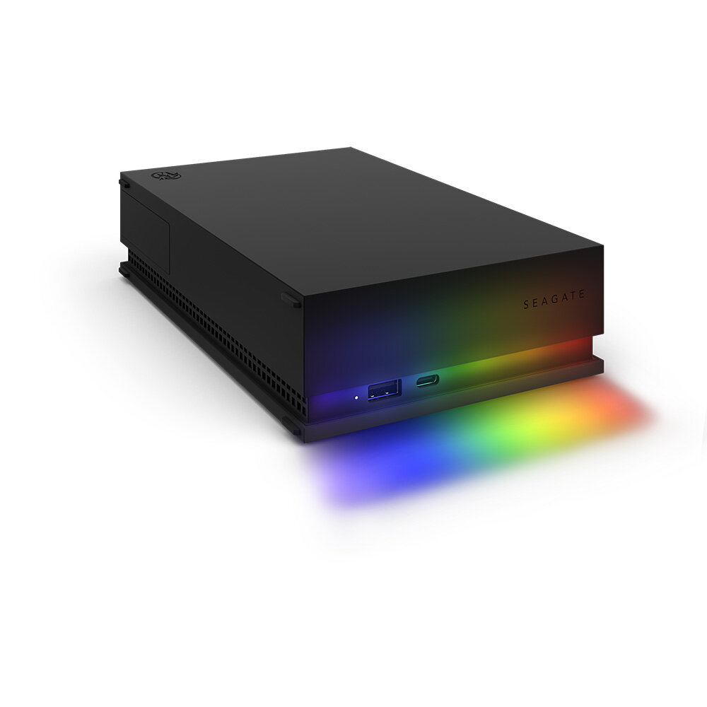 Dysk Seagate FireCuda Gaming HUB 8TB STKK8000400 stojący płasko, z włączonym podświetleniem RGB
