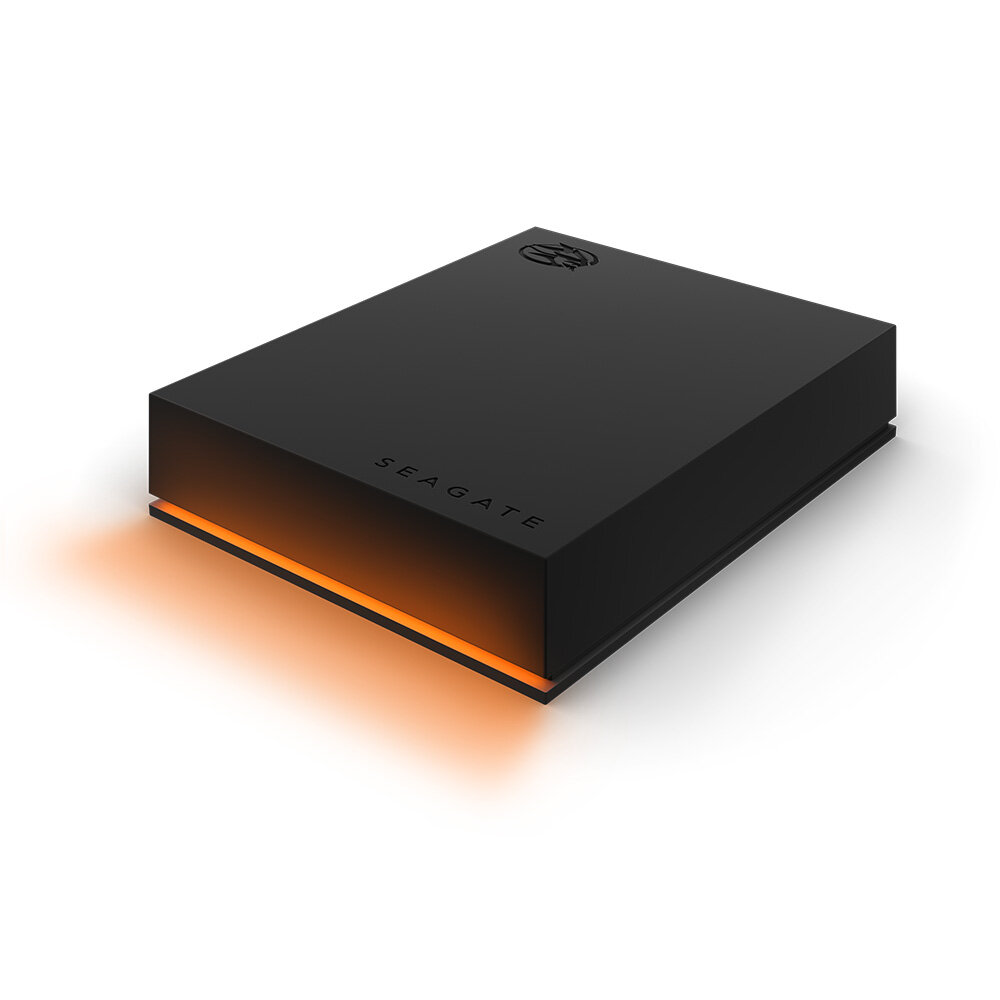 Dysk Seagate FireCuda Gaming HDD 5TB STKL5000400 czarny widok od frontu, podświetlenie RGB koloru pomarańczowego