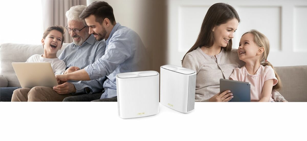 Router Asus ZenWiFi XD6 podczas użytkowania przez rodziny w domowej scenerii