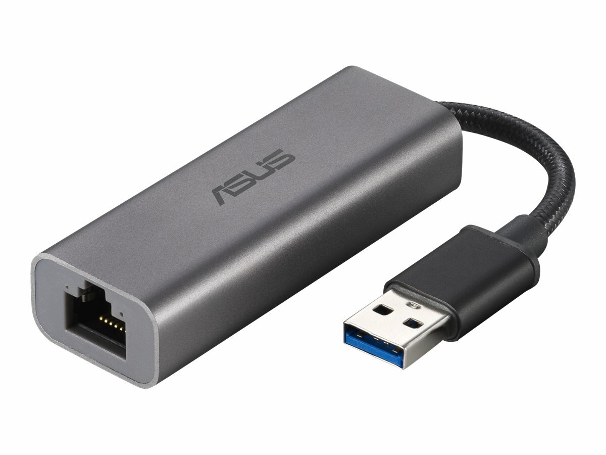 Karta sieciowa Asus USB-C2500 pod skosem z widokiem na złącze USB i RJ-45