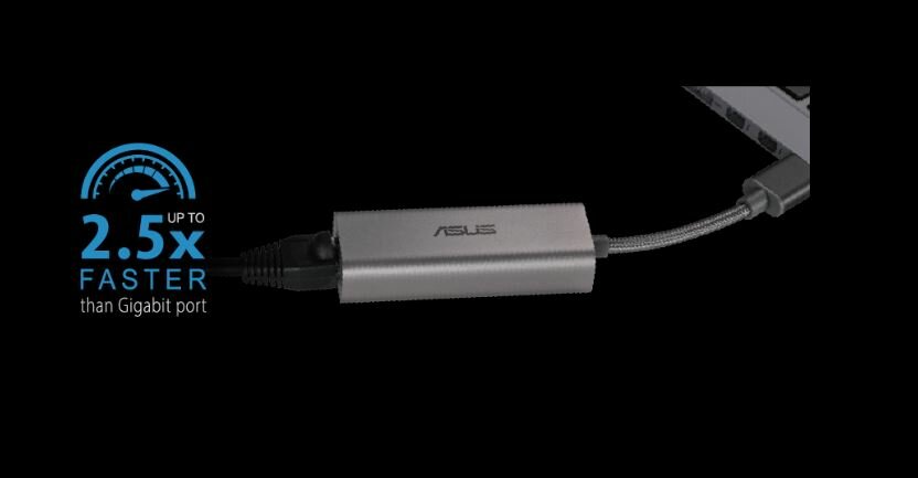 Karta sieciowa Asus USB-C2500 od frontu z grafiką z informacją o prędkości działania karty