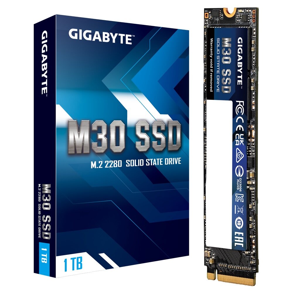Dysk SSD Gigabyte M30 1TB  M.2 GP-GM301TB-G widok dysku w pionie + opakowanie