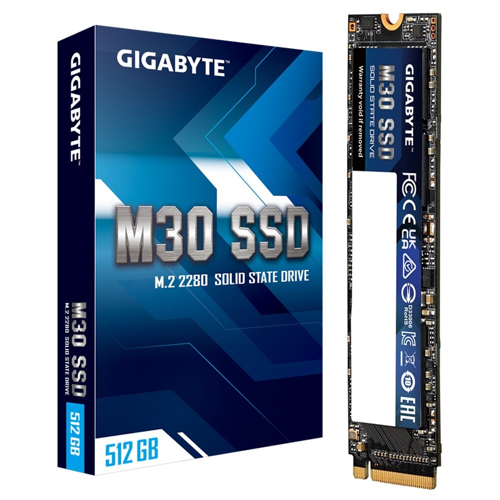 Dysk SSD Gigabyte M30 512GB M.2 GP-GM30512G-G  widok dysku w pionie + opakowanie