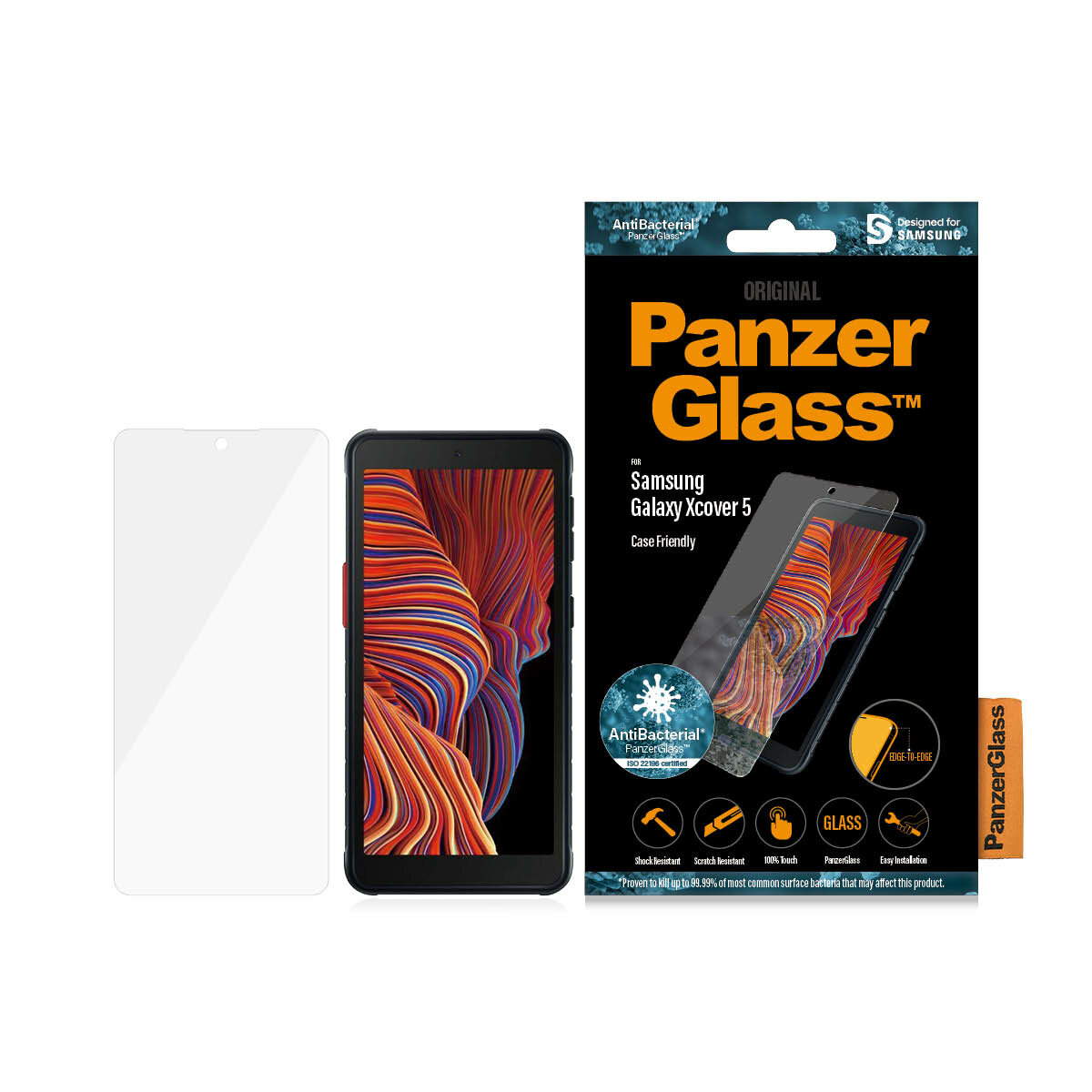 Szkło hartowane PanzerGlass Pro E2E Regular Xcover 5 G525 Antibacterial Case Friendly szkło, telefon i pudełko obok siebie, frontem