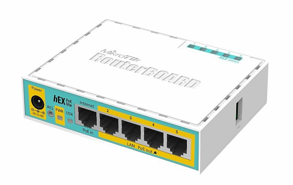 Router MikroTik RB750UP-R2 HEX LITE frontem i wyjścia