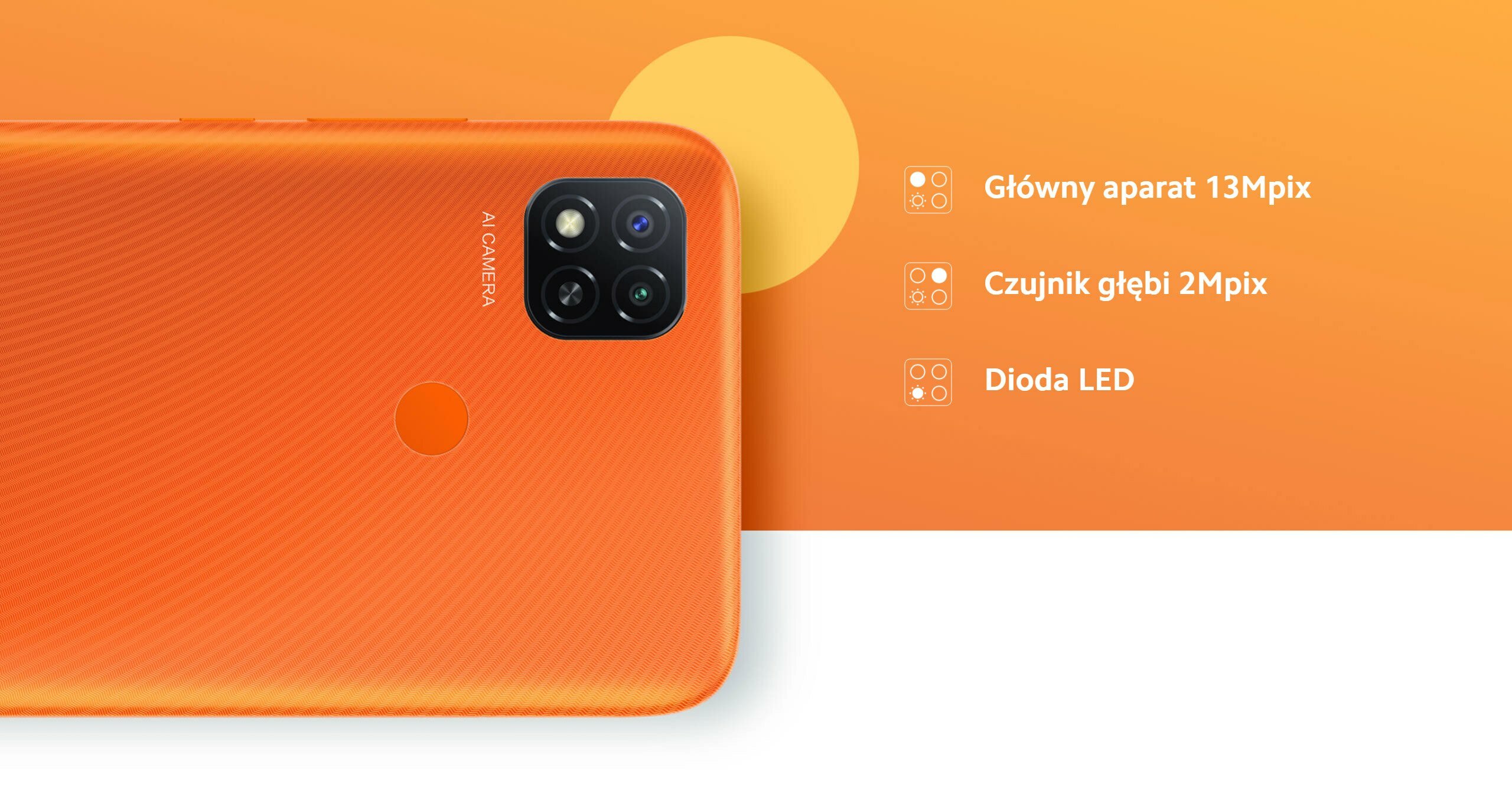 Smartfon Xiaomi Redmi 9C NFC 3/64GB Sunrise Orange widok na dostępne z tyłu telefonu aparaty
