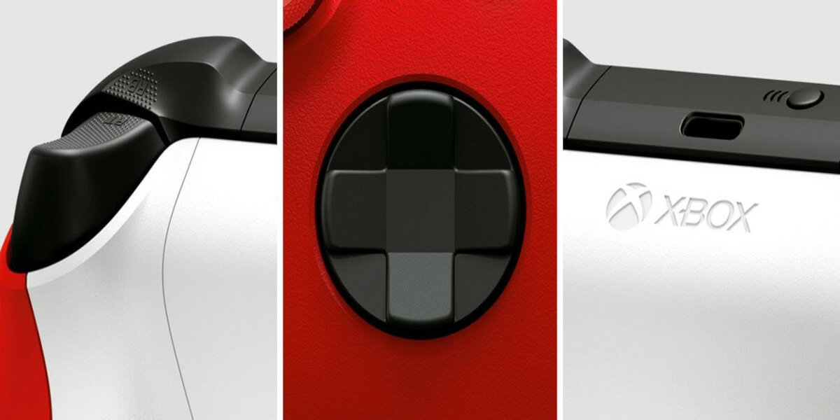 Kontroler bezprzewodowy Xbox Series X czerwony pokazane przyciski kontrolera