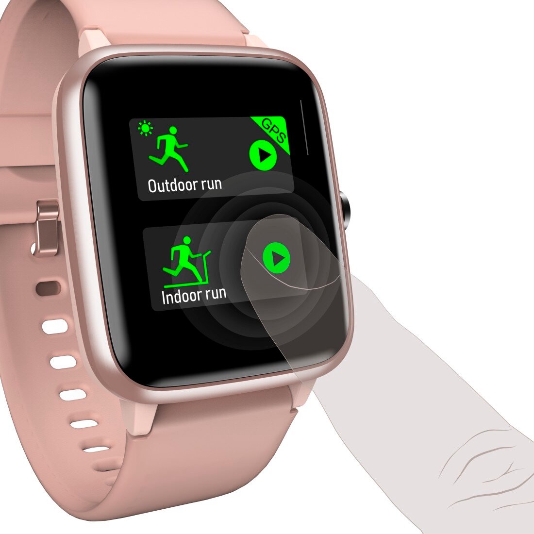 Smartwatch Hama Fit Watch 5910 GPS pudrowy róż widok od lewej strony na ekran wizualizacja dotykowego sterowania