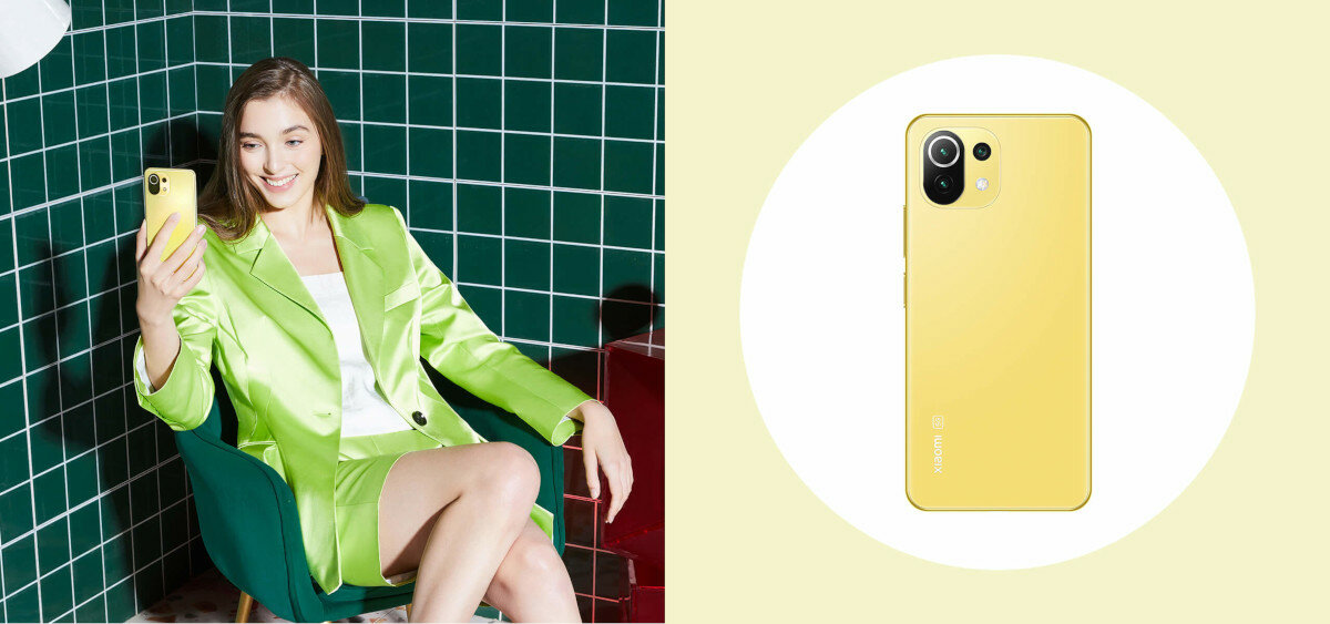 Smartfon Xiaomi Mi 11 Lite 5G 8/128GB żółty zdjęcie teleofonu i modelki