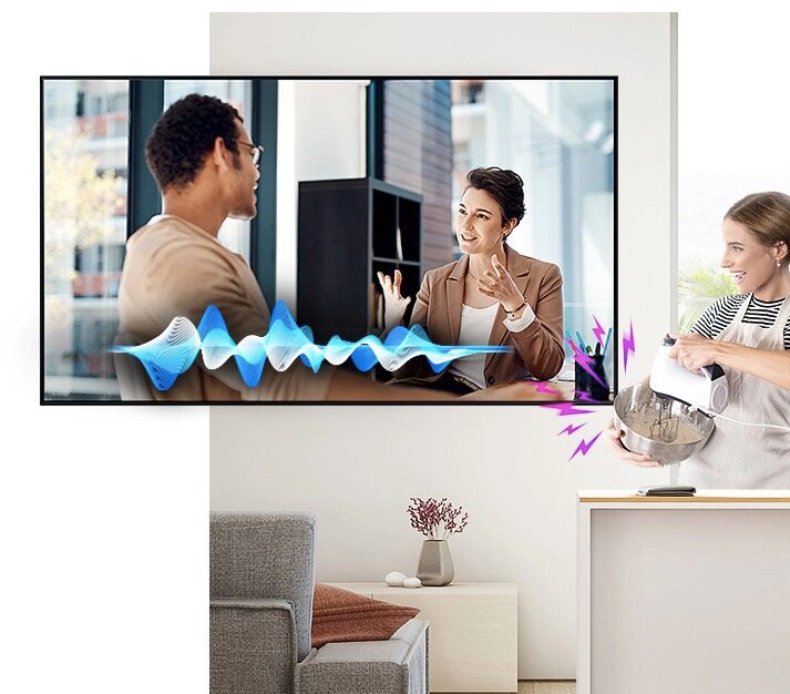 Telewizor Samsung Q70A 85 QE85Q70AATXXH QLED 4K Smart TV (2021) wizualizacja działania funkcji intensyfikacji dialogów