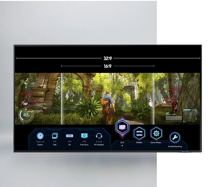 Telewizor Samsung Q77A 65 QE65Q77AAT QLED 4K Smart TV (2021) widok na ekran telewizora z przedstawionym interfejsem gry konsolowej