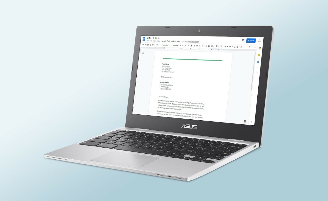 Laptop ASUS Chromebook CX1 CX1100CNA-GJ0024 przód otwarty, lekko bokiem