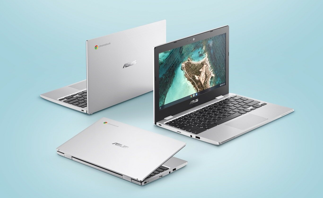 Laptop ASUS Chromebook CX1 CX1100CNA-GJ0024 trzy laptopy, widok z trzech stron