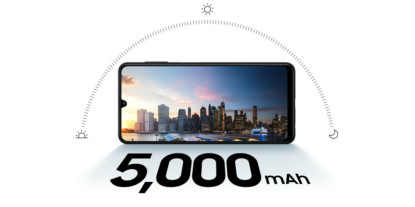Smartfon Samsung Galaxy A22 SM-A225FLVDEUE Fioletowy widok na ekran w poziomie z przedstawioną graficznie pojemnością baterii