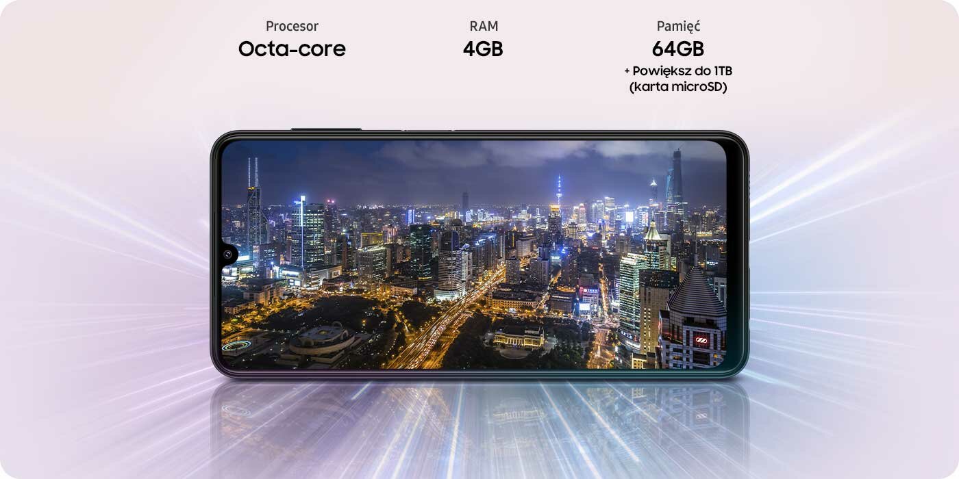 Smartfon Samsung Galaxy A22 SM-A225FLVDEUE Fioletowy widok od przodu na ekran