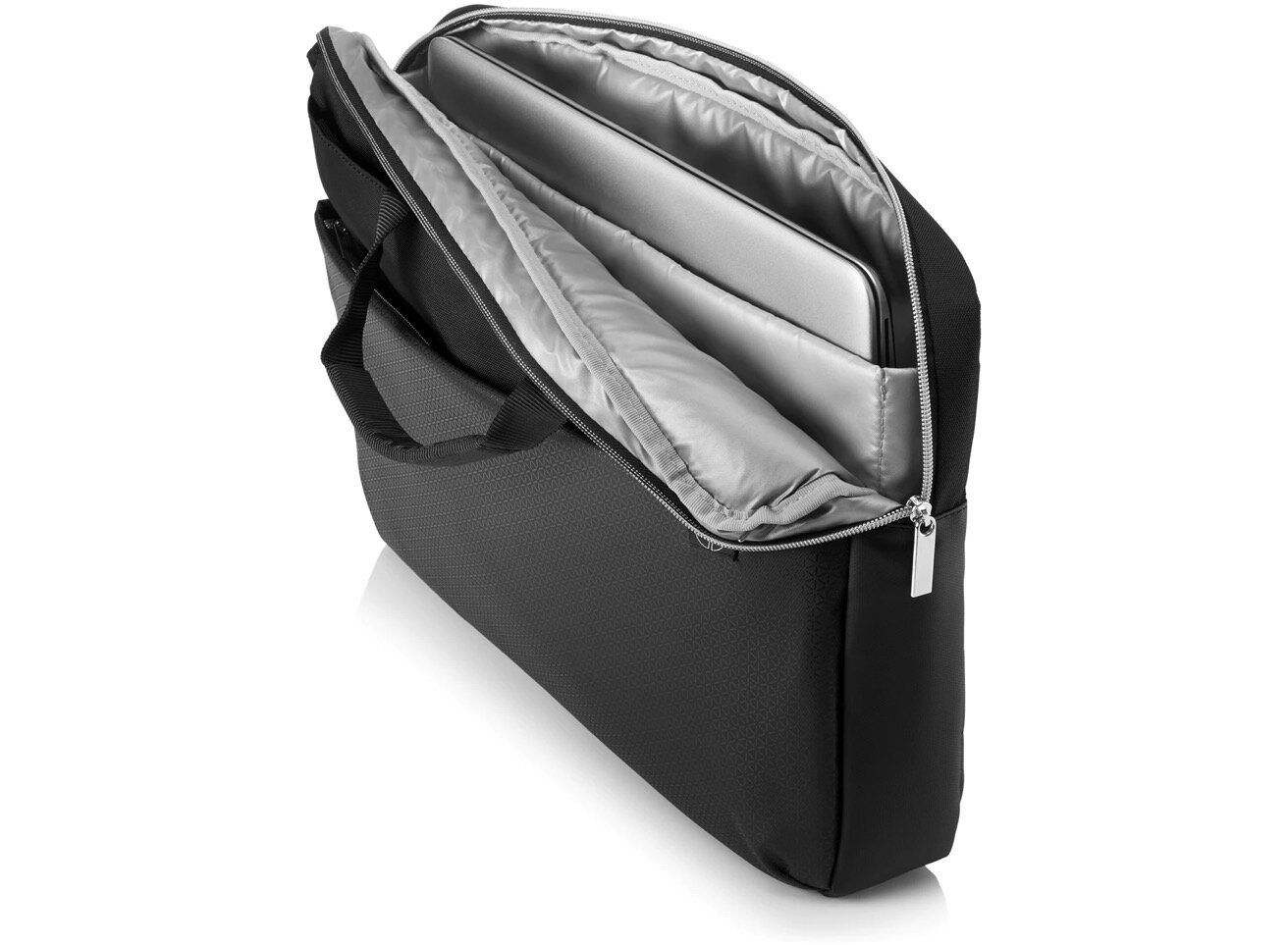 Torba na laptopa HP Duotone Briefcase 4QF95AA czarno-srebrna widok od góry na wnętrze torby