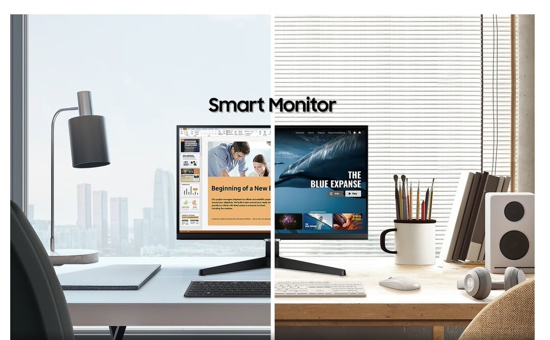 Monitor Samsung S24AM506NU znajdujący się na dwóch biurkach
