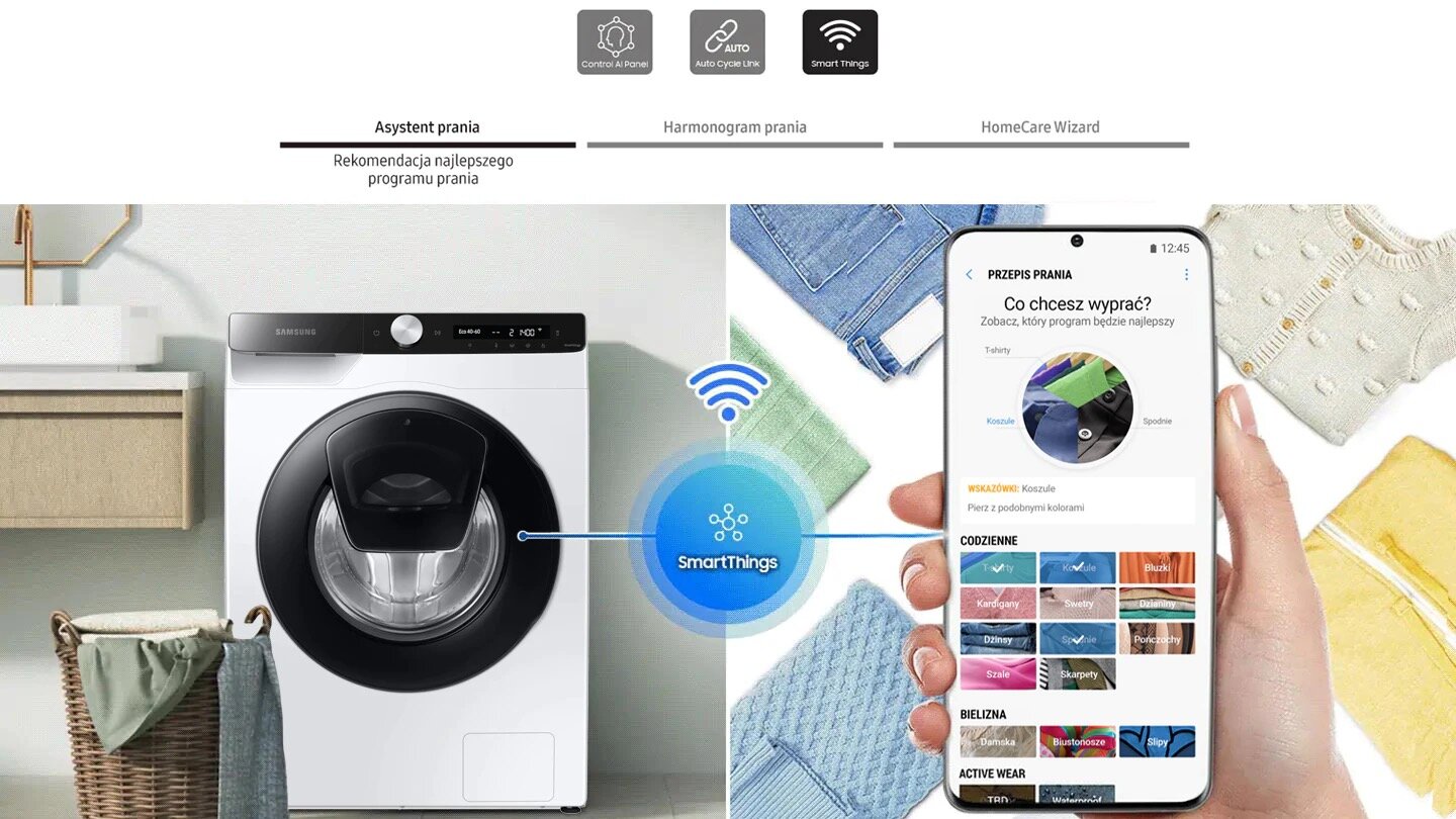 Pralka Samsung EcoBubble™ WW80T554DAT 8 kg, biała widok na pralkę połączoną ze smartfonem