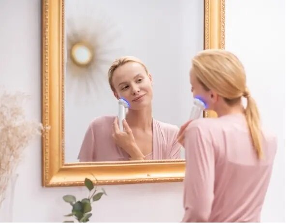 Urządzenie do mezoterapii Garett Beauty Vital Skin Biały używane przez kobietę przed znajdującą się przed lustrem