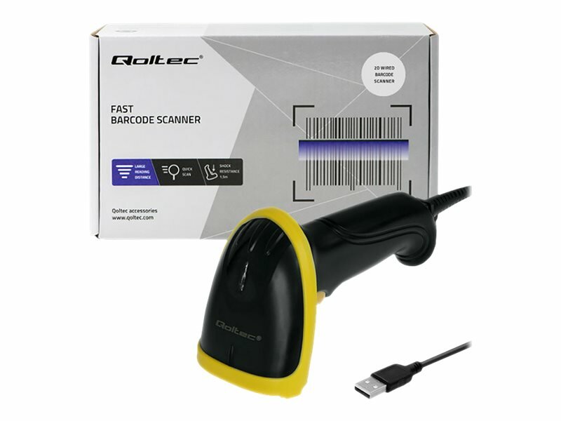 Czytnik kodów kreskowych Qoltec 50867 1D/2D USB czarny widok na pudełko i kabel pod skosem
