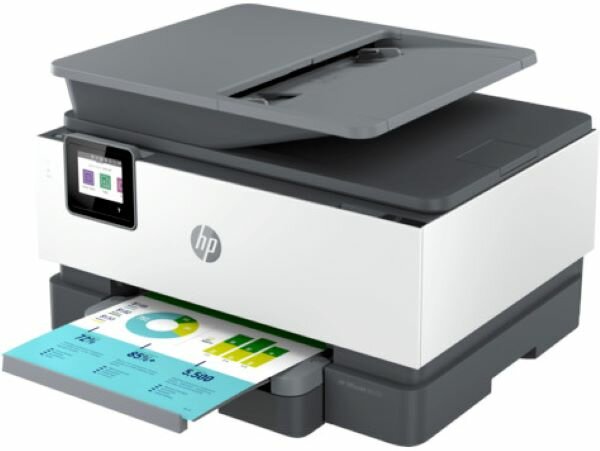 Urządzenie wielofunkcyjne HP OfficeJet Pro 9012e bokiem z wysuniętym podajnikiem