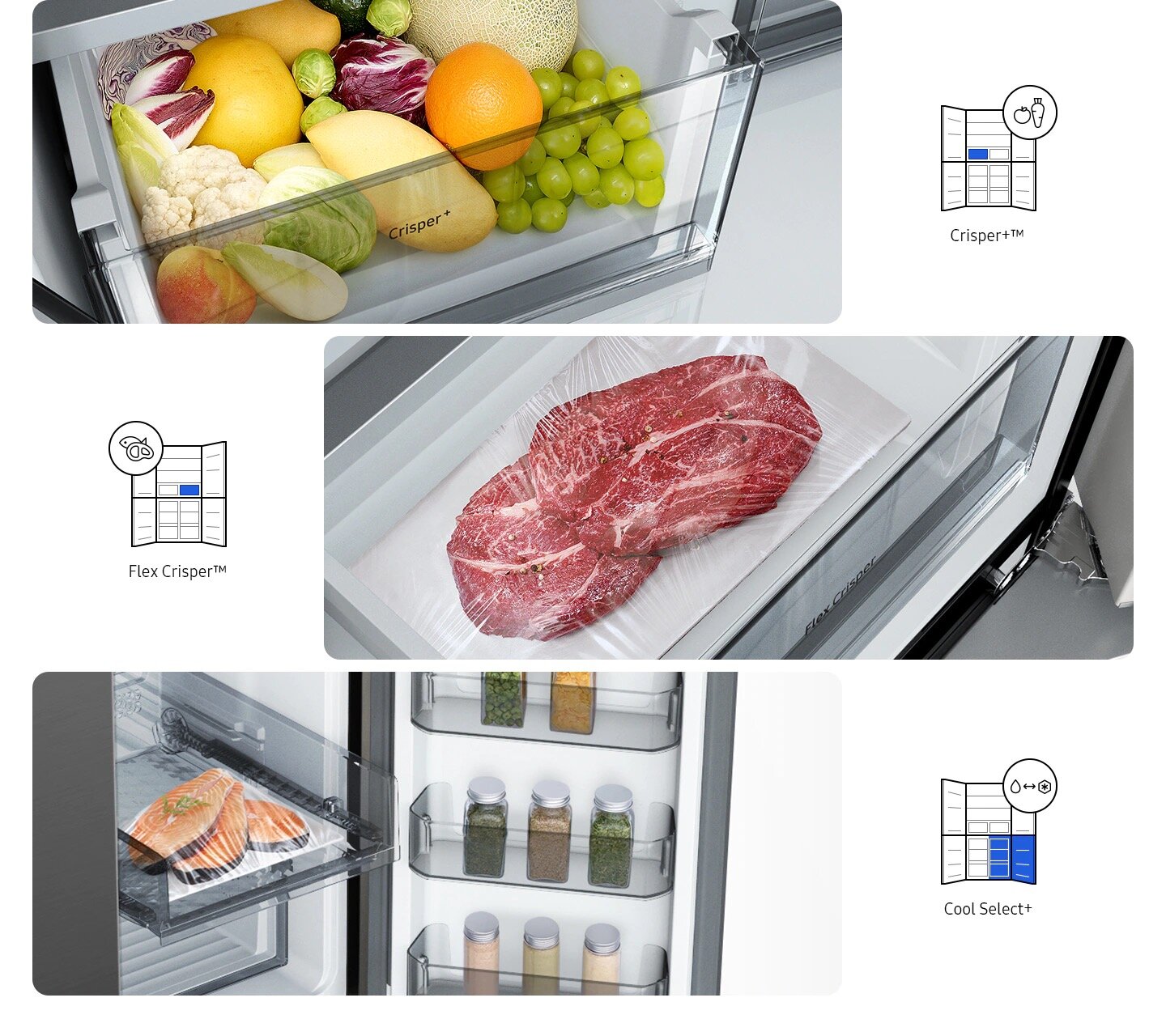 Chłodziarko-zamrażarka Samsung RF65A967FB1 Multidoor, Technologia Triple Cooling™, 647 l grafitowa stal widok od góry na jedzenie w szufladzie lodówki