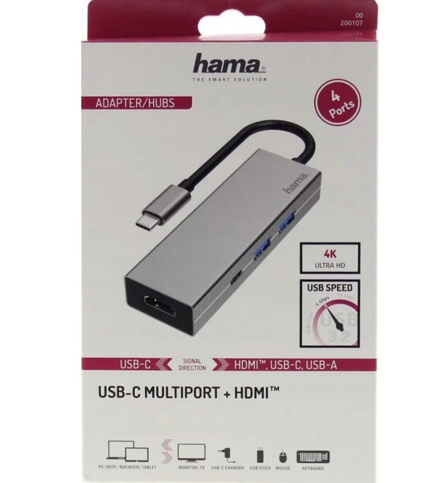Adapter Hama Multiport USB-C, 2x USB-A 3.2, 1x TYP-C, 1x HDMI opakowanie frontem