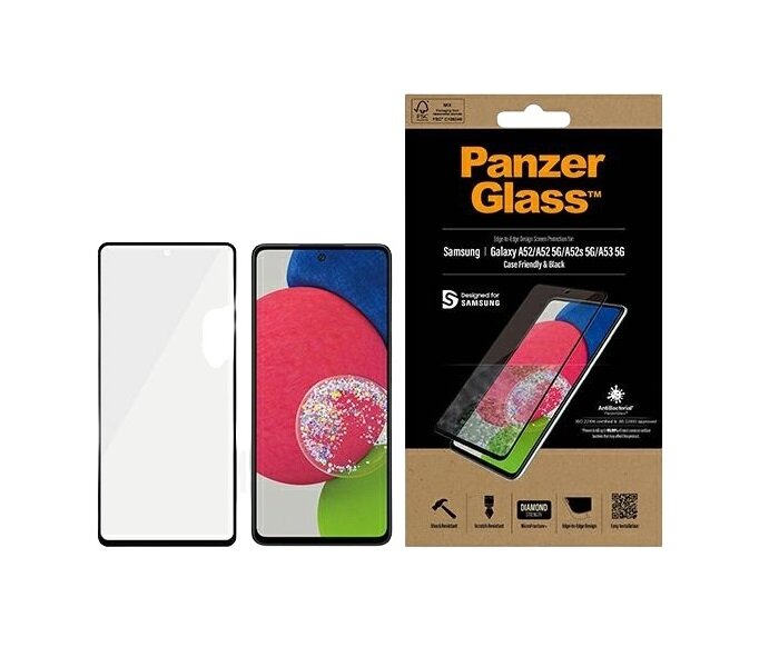Szkło hartowane PanzerGlass do Samsung Galaxy A52/A52 5G widok na szkło, telefon oraz na opakowanie szkła od frontu