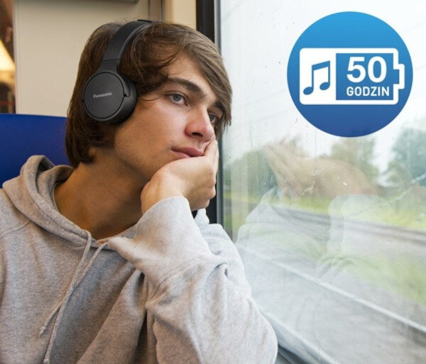 Słuchawki Panasonic RB-HF420BE-A2 widok na chłopaka ze słuchawkami w pociągu
