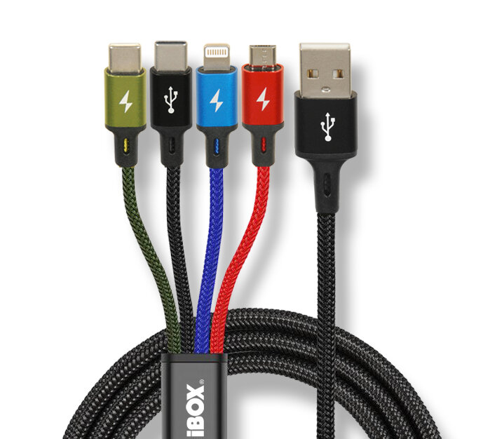 Kabel ładujący iBOX USB 4w1 wszystkie złącza widoczne z bliska