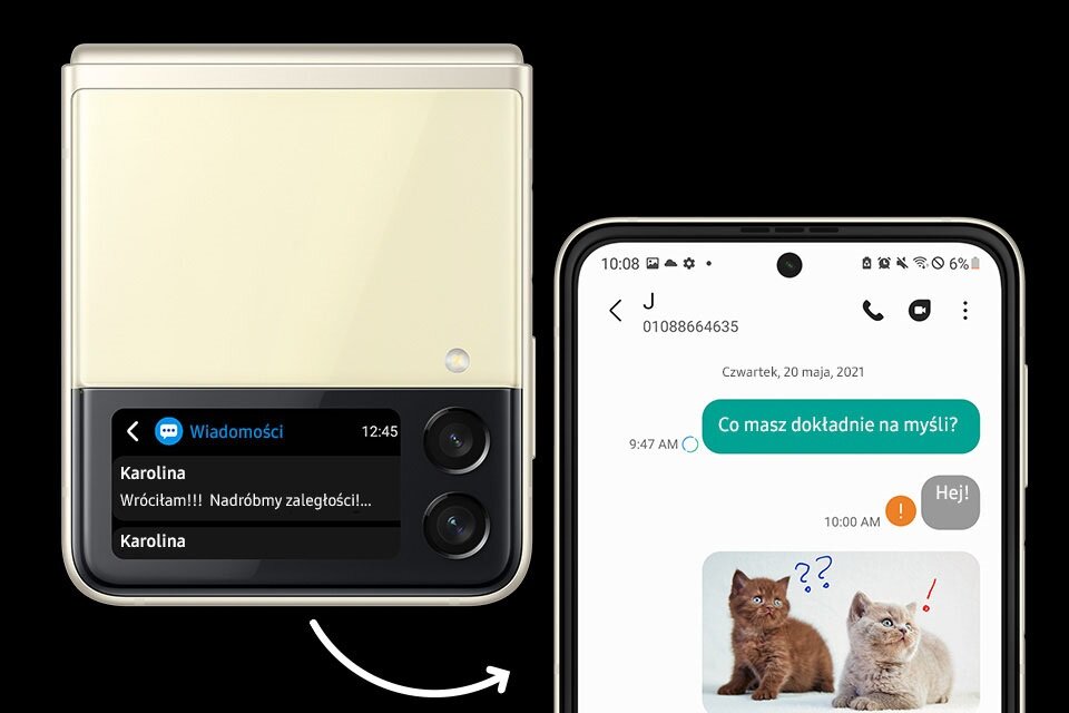 Smartfon Samsung Galaxy Z FLIP 3 5G SM-F711 widok na powiadomienie wyświetlone na ekranie złożonego telefonu i na przejście w wiadomości po rozłożeniu telefonu